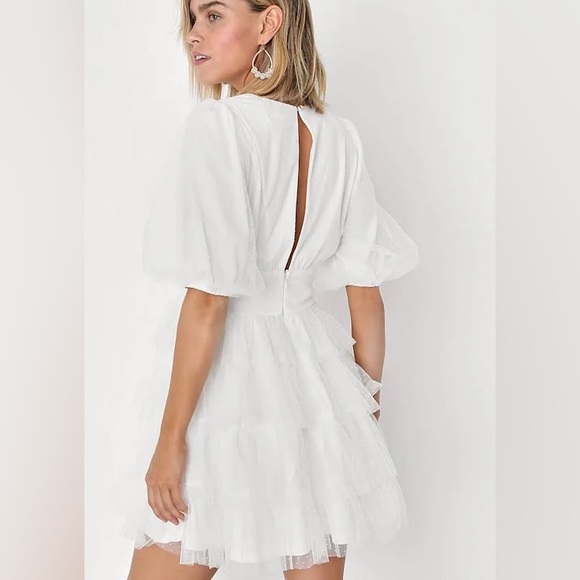 Lulus Dot Tulle Puff Sleeve Tiered Mini Dress - Picture 3 of 7